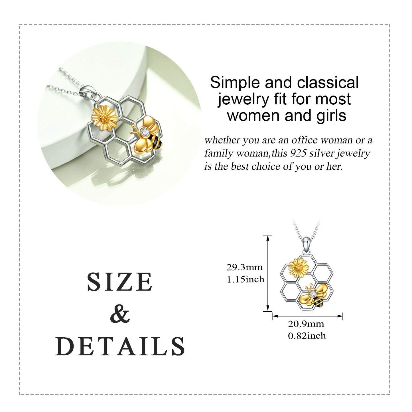 LUHE Bee Necklace 925 Sterling Silver Bumblebee Necklace Honeycomb Cute Flower Pendant Jewelry for Women Christmas Gifts for Her
