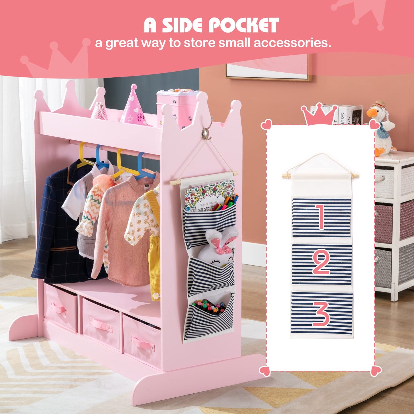 COSVALVE Kids Armoire Dress-Up Storage w/Mirror and Drawers,Dress up Closet,Costume Dress up Wardrobe, Pretend Storage Closet w/Side Pocket Top Shelf for Shoes,Lovely Pink for Girls Room