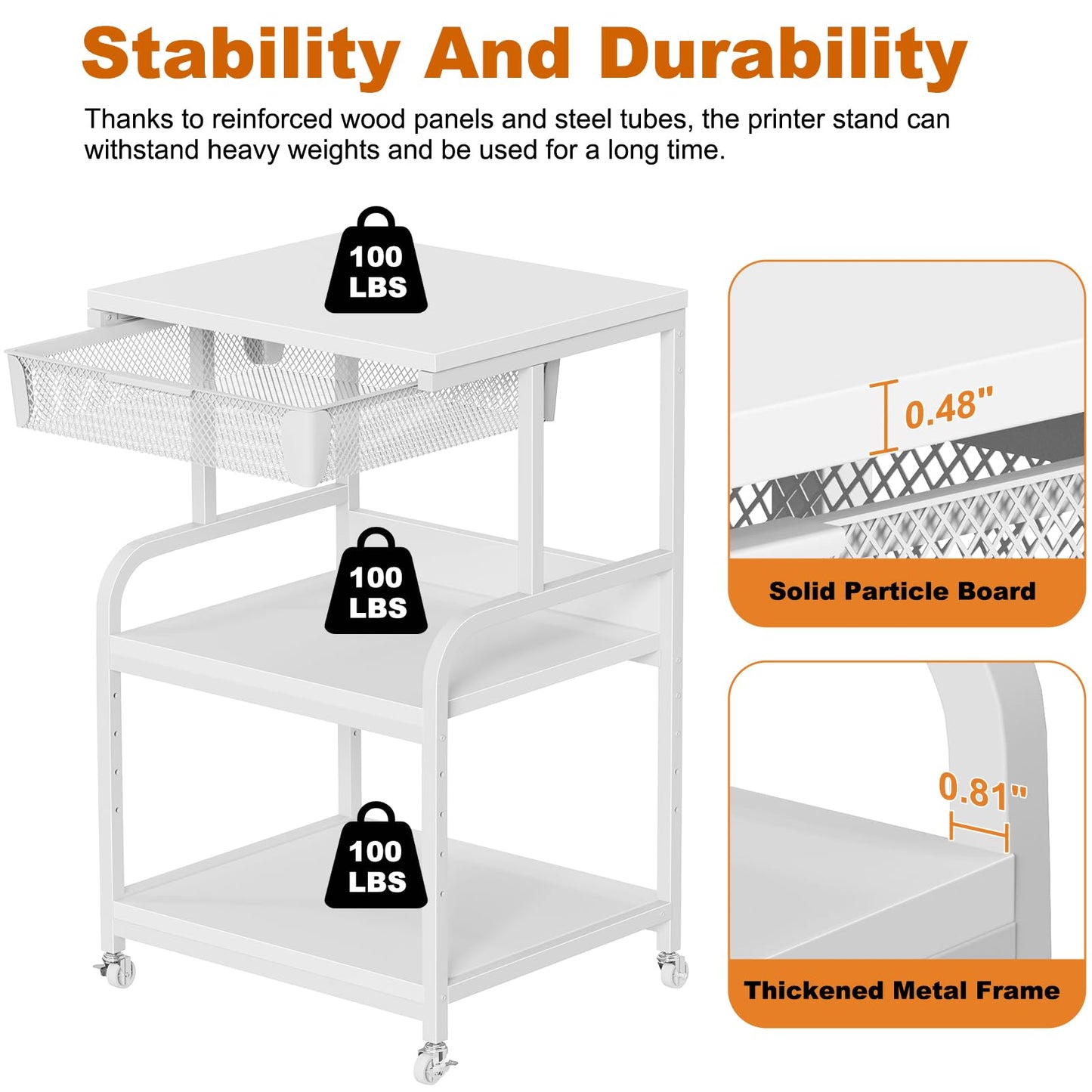 EasyCom Large 3-Tier Rolling Printer Stand with Storage Drawer & 5 Adjustable Shelves Mobile Cart with Industrial Wheels for Home Office Desk Fits 3D Printer, Scanner, and Fax White