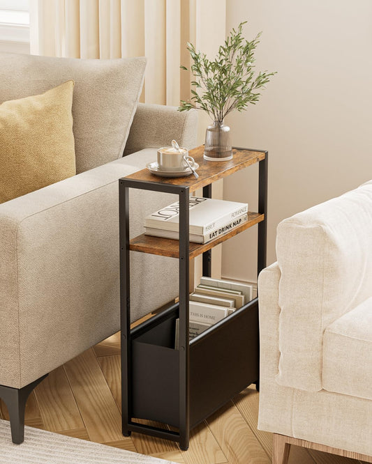 Apetaccat Narrow Side Table End Table, 3-Tier Side Table with Storage Bag, Narrow Nightstand for Small Spaces, Bedside Table for Living Room, Bedroom, Rustic Brown