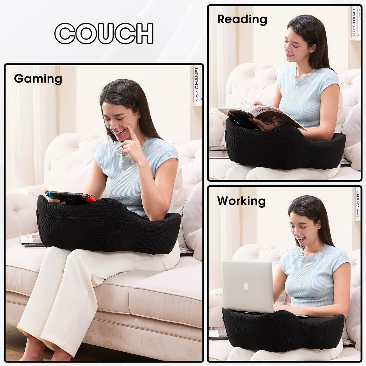 cooloo8 Reading Pillow for Lap, Laptop Pillow, Soft Lap Desk, Gaming Pillow for Reading, Working, Gaming in Bed, Couch, Car (Black)