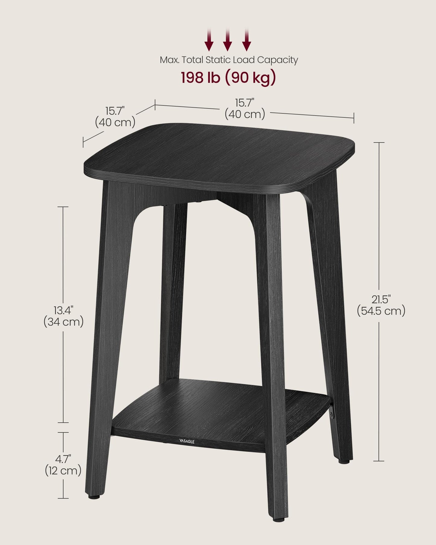 VASAGLE Side Table, Small Square End Table with Lower Shelf, Nightstand for Small Spaces, Living Room, Bedroom, Charcoal Gray ULET236B01