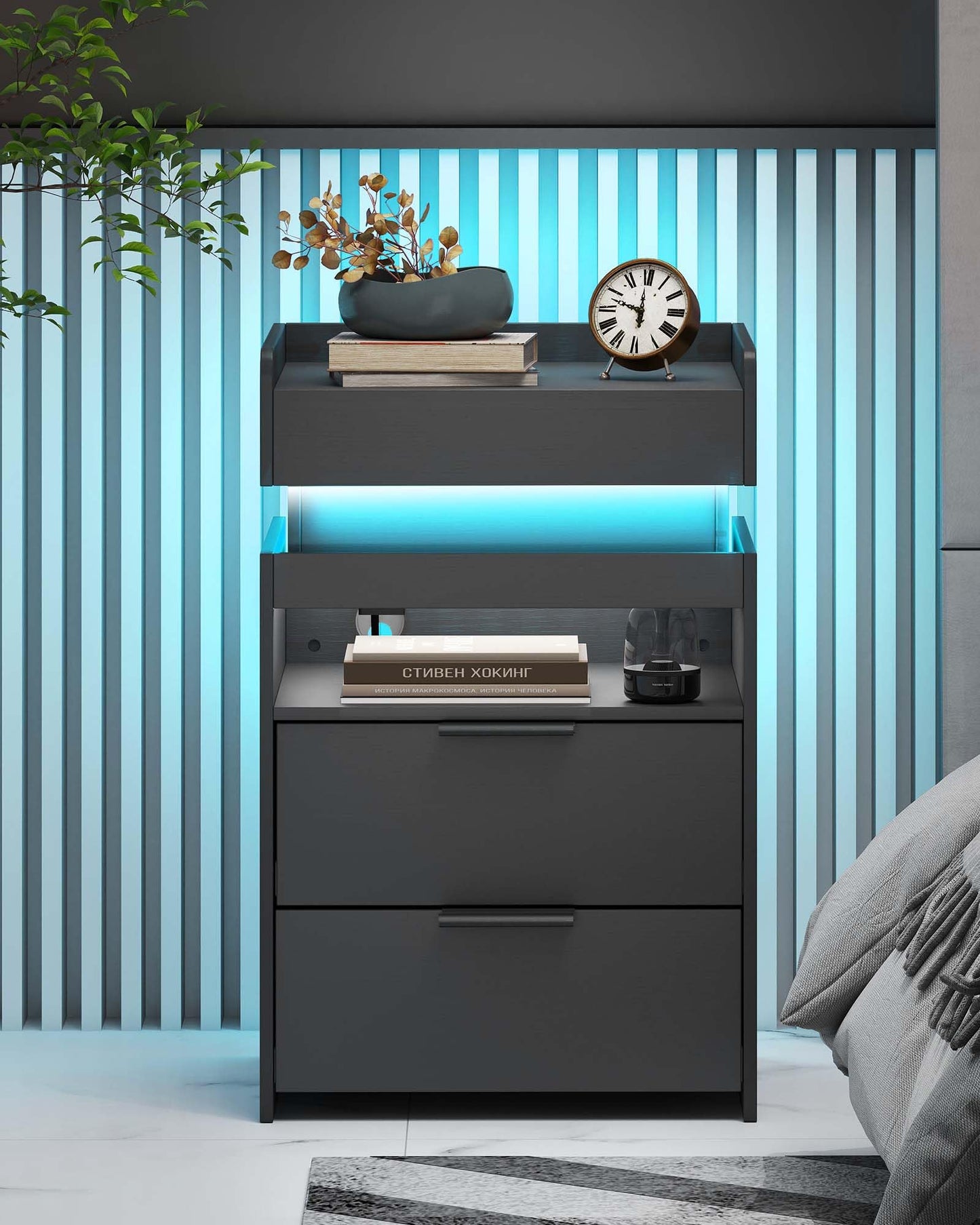 Nightstand with Gun Drawer, Charging Night Stand with USB and AC Ports, LED Nightstand, NightStands with Gun Drawer, Smart Night Stand with Sliding Top Storage