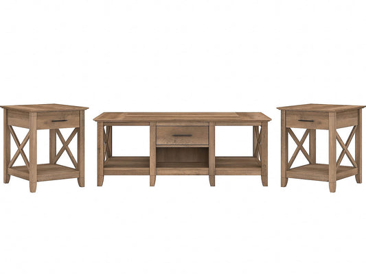 Bush Furniture Key West Coffee Table with Set of 2 End Tables in Reclaimed Pine