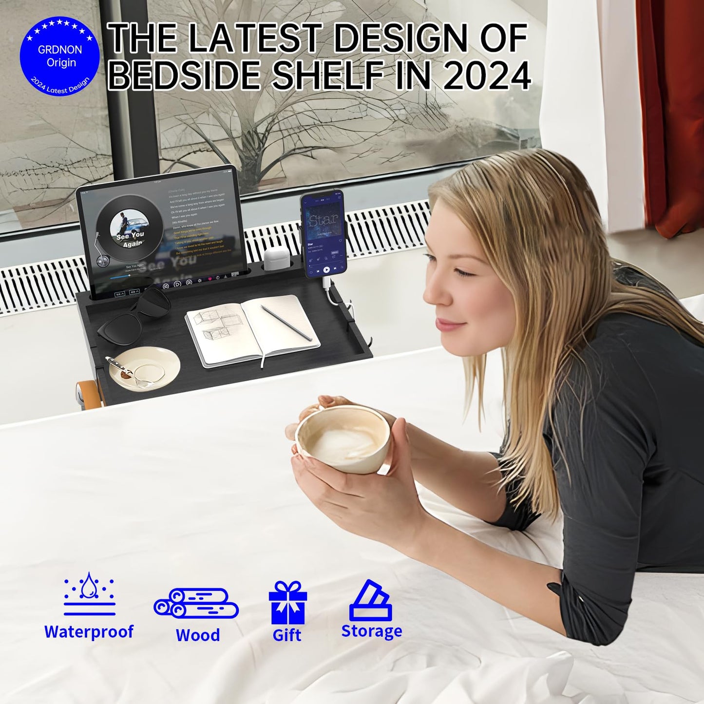 GRDNON Bedside Shelf with Phone Holder for Bed, ‎Bamboo Bed Shelf Organizer for Top Bunk, Clip on Nightstand for College Dorm Loft Bed, Bedside Tray for Kids, Built Earphones & Tablet Slot