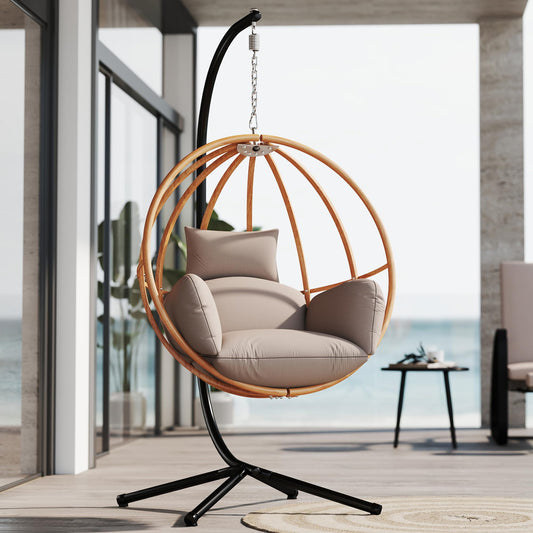 DAYARUS Hanging Chair with Stand, Imitation Rattan Egg Cahir Outdoor, Hanging Egg Chair with Stasnd, 80" High Egg Swing Chairs Indoor, All Weather Balcony Basket Swing Chairs for Balcony, Khaki