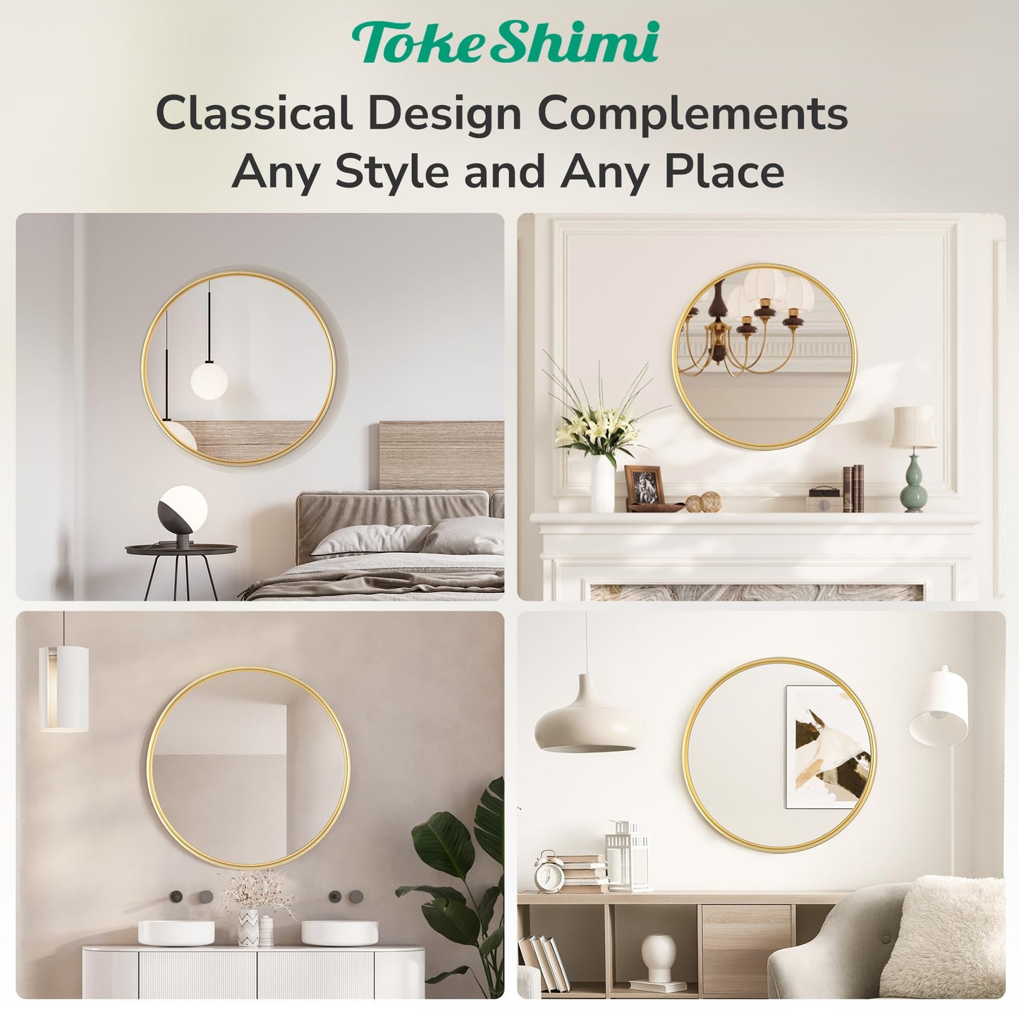 TokeShimi 40 in Brushed Gold Round Wall Mirror Tempered, Framed Mirror Shatterproof, 40x40 Bathroom Vanity Mirrored Circle Farmhouse Metal Wall Mirror for Entryway, Bedroom, Restroom, Living Room