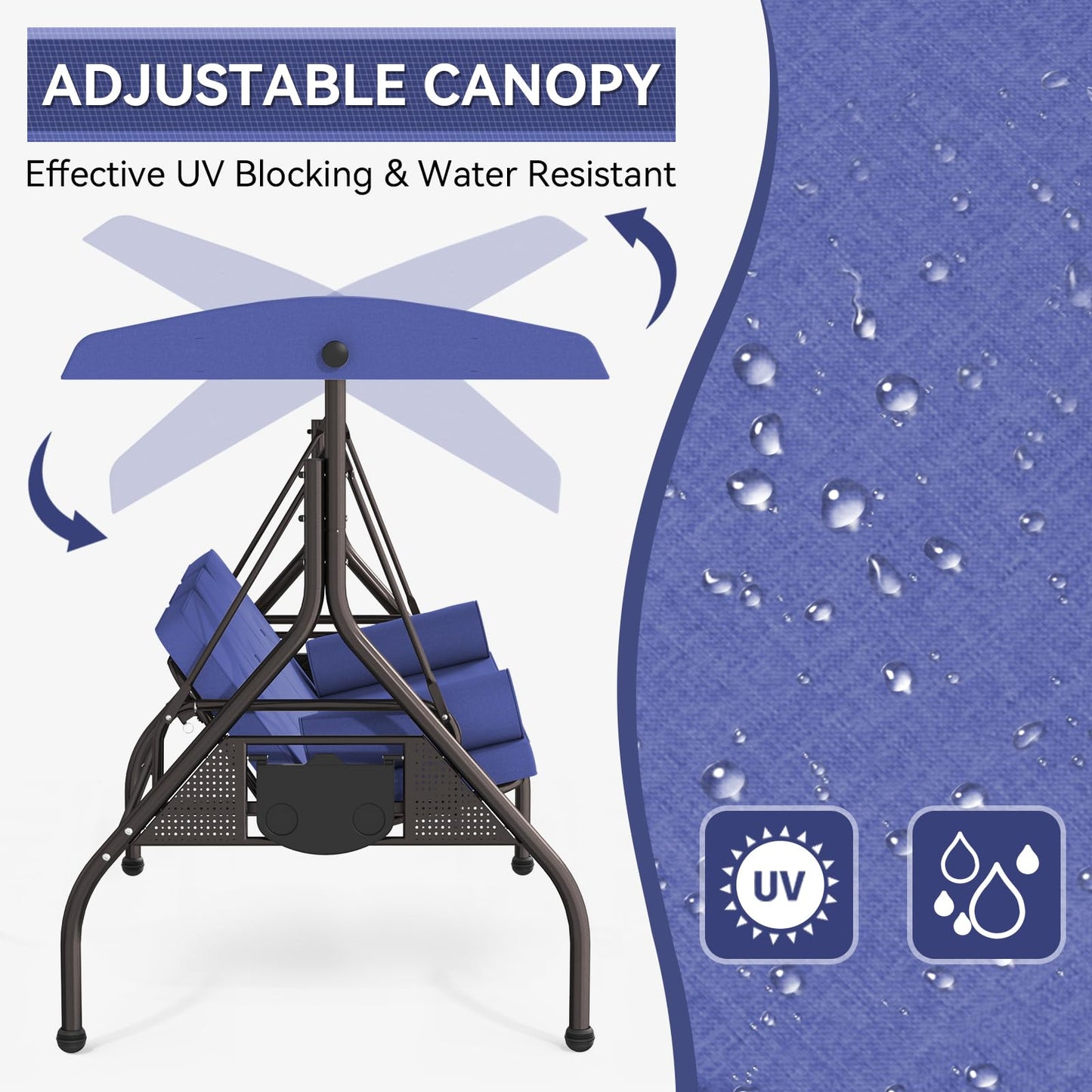 Oakcloud 3-Seat Outdoor Porch Swing with Adjustable Canopy, Large Converting Swing Chair, Patio Swing Glider with Pillows & Thick Cushions for Poolside Balcony Backyard (Blue)