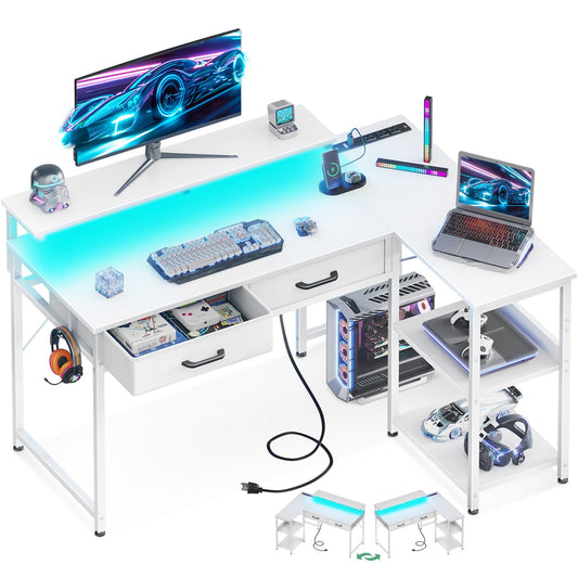 Coleshome 40 Inch L Shaped Gaming Desk with 2 Drawers & Storage Shelves, Computer Desk with USB Ports, Study Writing Table for Bedroom, Simple Modern Laptop Desk for Home Office, White