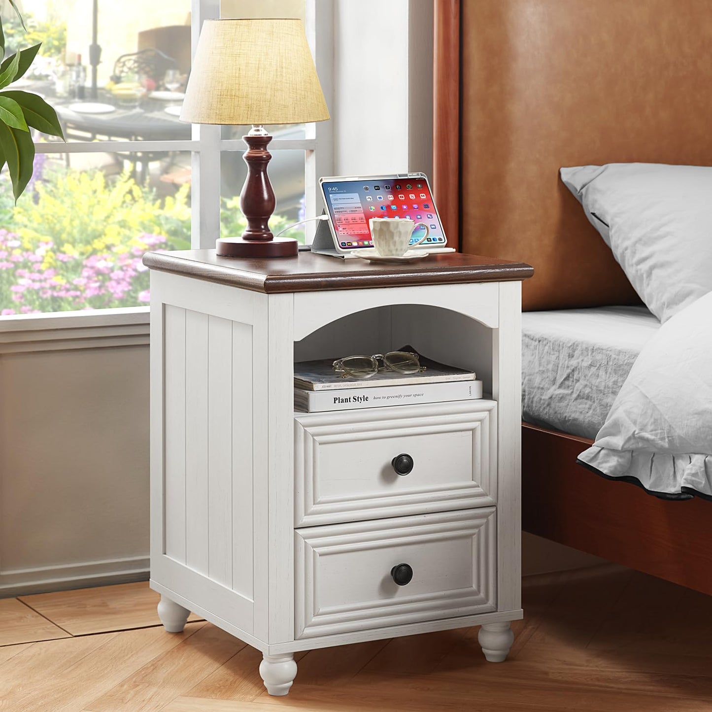 RWYHG 18" Farmhouse Night Stand with Charging Station, White Wood Nightstand with 2 Drawers, Bedside End Table with Shelf Storage, Bed Side Tables Cabinet for Bedroom, Living Room, and Closet