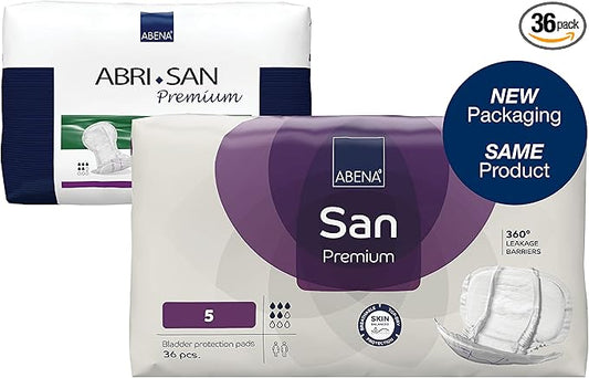 Abena San Premium Incontinence Pads, Moderate Absorbency, (Sizes 4 to 7), Size 5, 36 Count