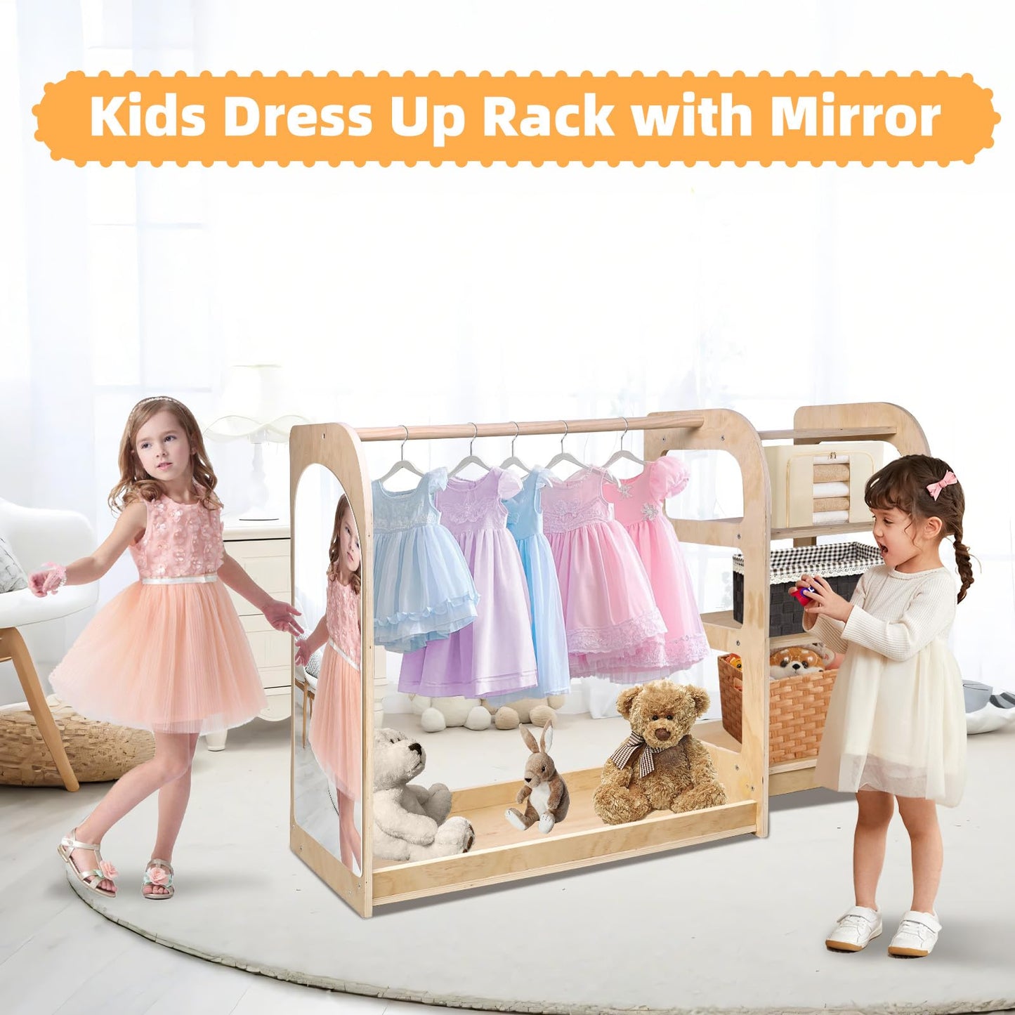 Kids' Dress Up Storage Closet with Mirror, 31.5 Inch Kids Wardrobe Closet with Shelves for Girls and Boys, Wooden Costume Organizer for Bedroom, Classroom, Playroom