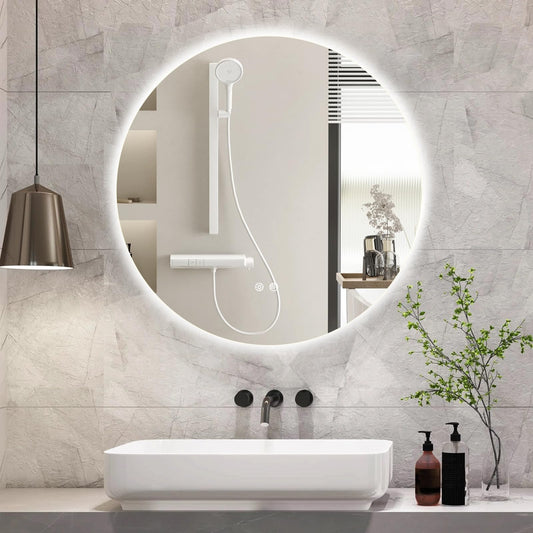 BuLife 36 Inch Round LED Bathroom Mirror Backlit Anti-Fog Wall Mounted Lighted Bathroom Vanity Mirror 3 Colors Light Dimmable Smart Makeup Mirror with Touch Switch