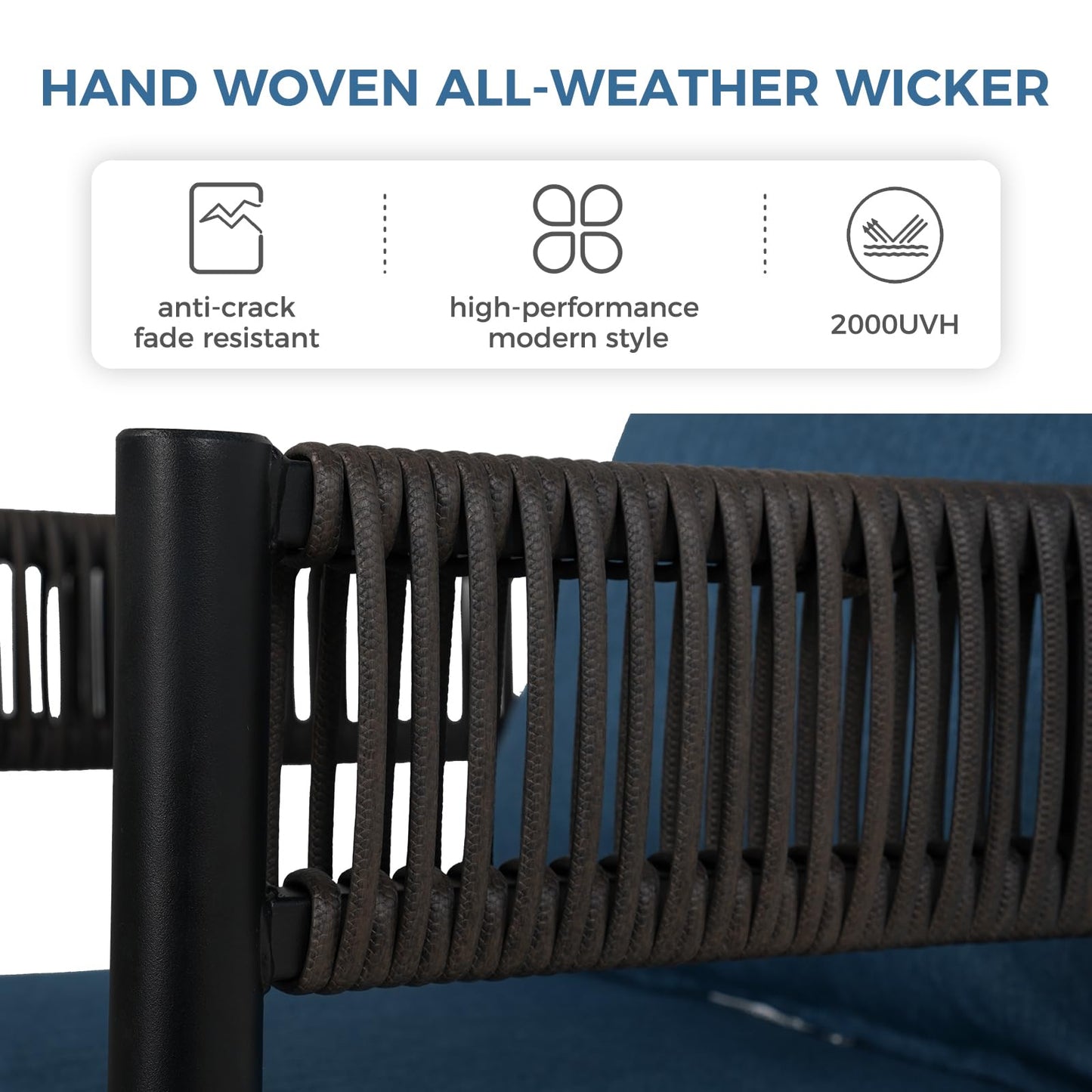 Grand patio Outdoor Dining Chairs Set of 4, 4 Pieces Patio Dining Chairs, Metal Woven Wicker Fixed Patio Chairs with Peacock Blue Cushions for Backyard, Deck, Garden, Porch, Lawn and Poolside (Brown)