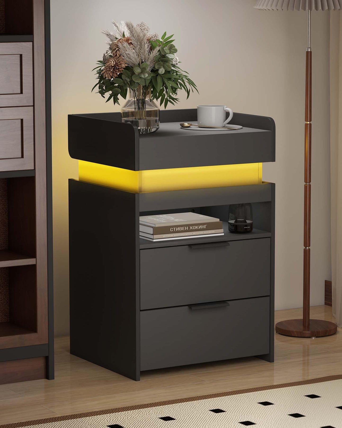 Nightstand with Gun Drawer, Charging Night Stand with USB and AC Ports, LED Nightstand, NightStands with Gun Drawer, Smart Night Stand with Sliding Top Storage