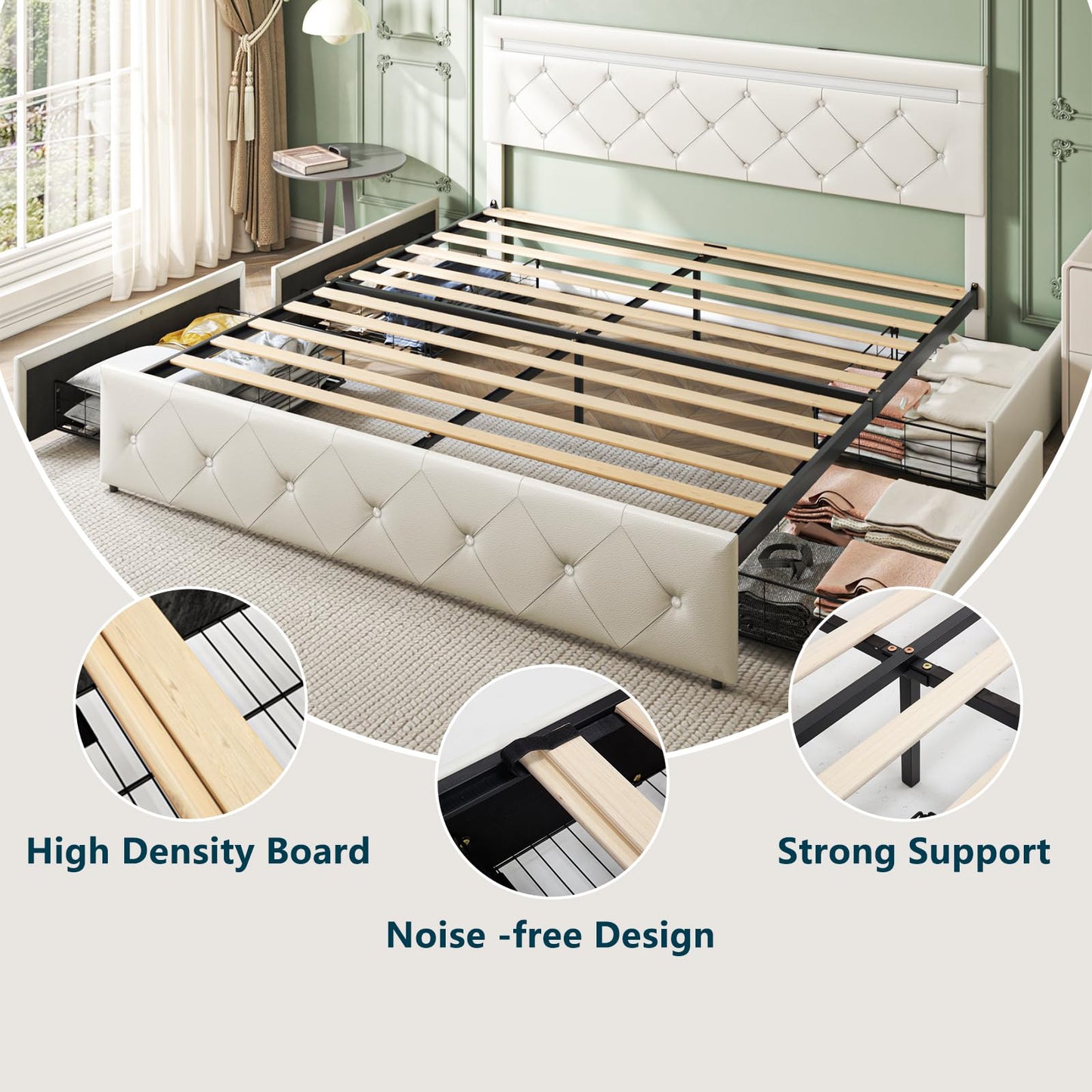 Forrise Bed Frame Full Size with LED Light and Storage Drawers, Adjustable Headboard with PU Leather Upholstered, 2 Sockets and 2 USB Ports, No Box Spring Needed,Wooden Slats Support, White.