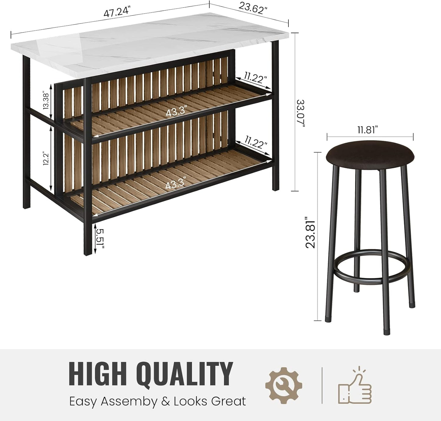 AWQM Kitchen Island with Seating & Storage Shelf, Modern Bar Table and Chairs Set for 2, Wooden Island Table for Kitchen, Dining Table Set for Small Space, White
