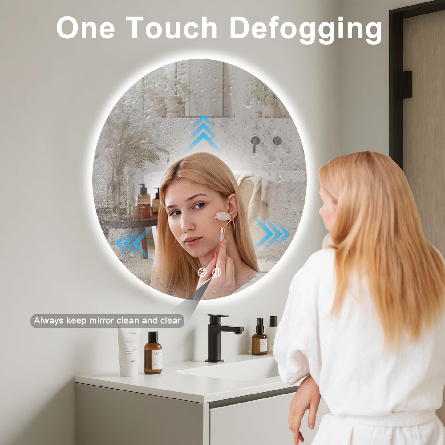 BuLife 36 Inch Round LED Bathroom Mirror Backlit Anti-Fog Wall Mounted Lighted Bathroom Vanity Mirror 3 Colors Light Dimmable Smart Makeup Mirror with Touch Switch