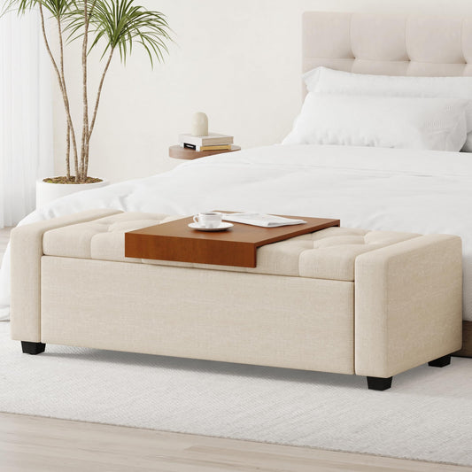 Atrtivoent 47" Ottoman Bench, Living Room Storage Bench with Removable Tray, Upholstered Entryway Bench, Ottoman Bench Seat with Storage for Living Room Bedroom (Beige1, with Tray)