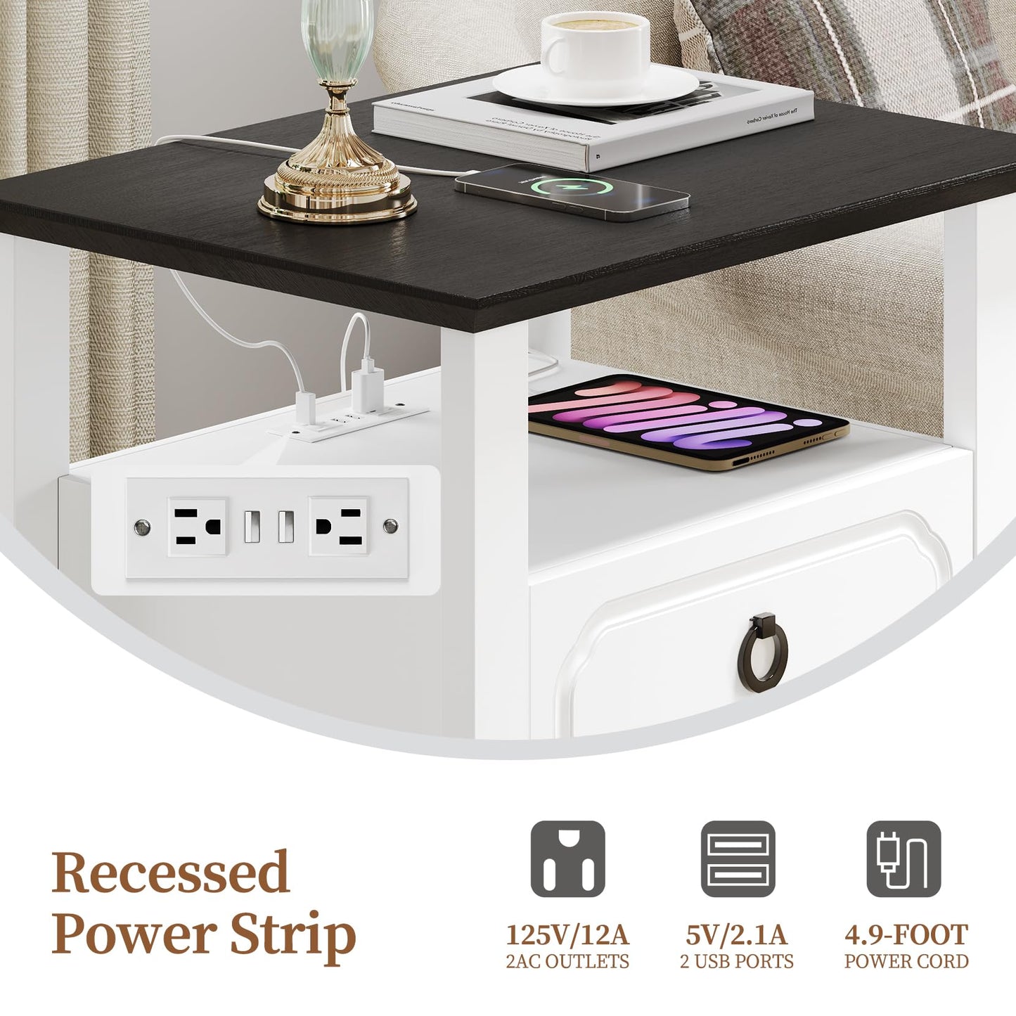 Concho 21.3" Farmhouse Nightstand with Charging Station, Modern End Table with 2 Drawers & Open Shelf, Wood Side Table with Storage, Large Bedside Cabinet for Bedroom, White