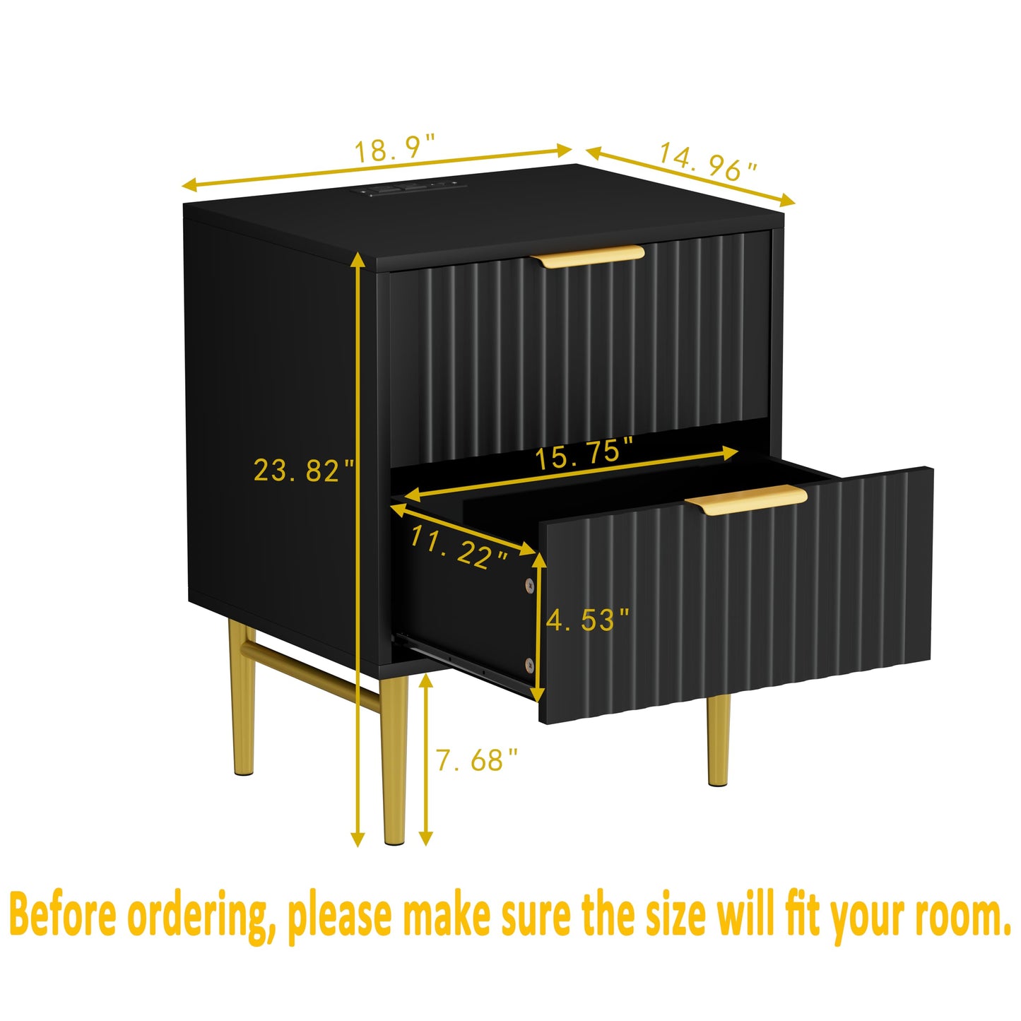 HQZX Black Nightstand Set of 2 with Charging Station, Fluted Nightstand with Drawers, Modern Bedside Table with Gold Legs, End Table for Bedroom