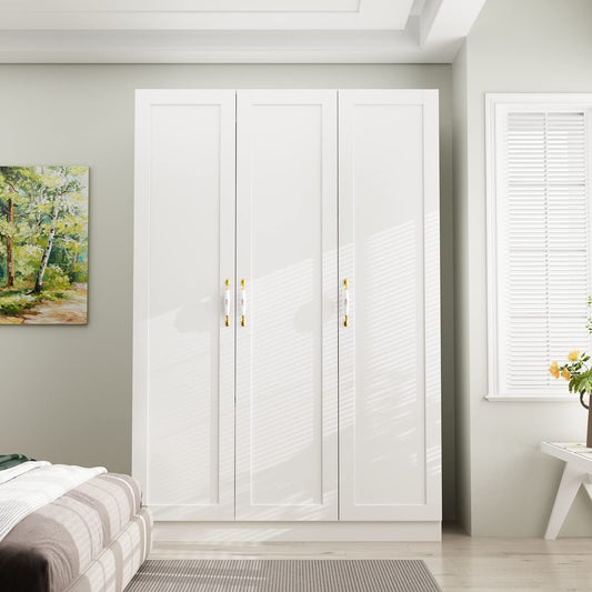 AIEGLE 3 Doors Wardrobe Armoire Closet, Large Freestanding Armoire Wardrobe Cabinet with Shelves & Hanging Rod, Bedroom Wood Clothes Storage Cabinet Organizer, White 47.2" Wide Type A