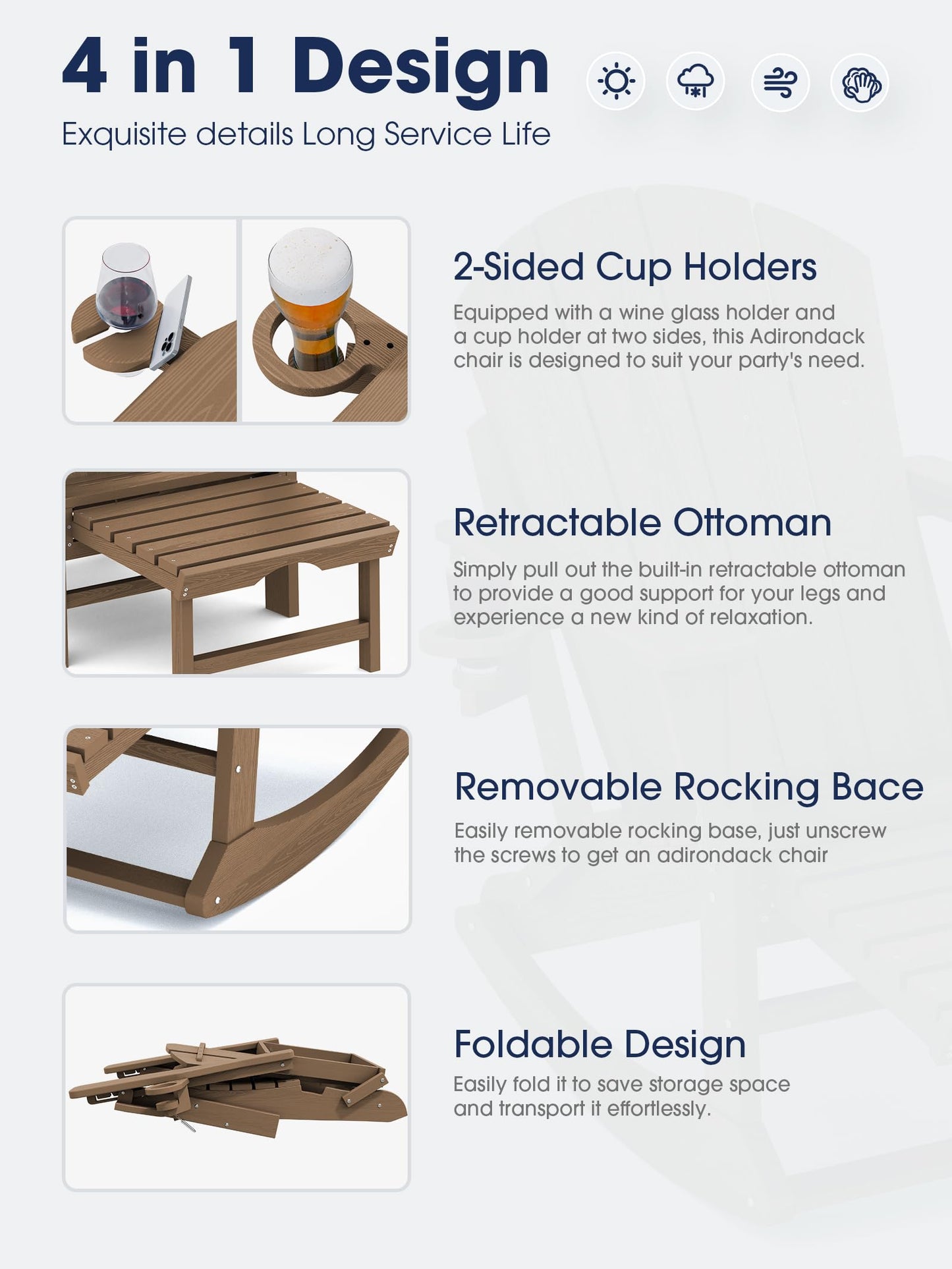 KINGYES Adirondack Rocking Chair Set of 2 with Retractable Ottoman and Cup Holders, HDPE Adirondack Rocker Patio Rocking Chair for Porch, Patio, Balcony, Brown