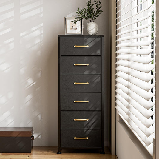 AOVSA Tall Dresser with 6 Drawers, Chest of Drawers with Fabric Bins, Storage Organizer Tower with Wood Top & Steel Frame for Bedroom, Living Room and Entryway - Black