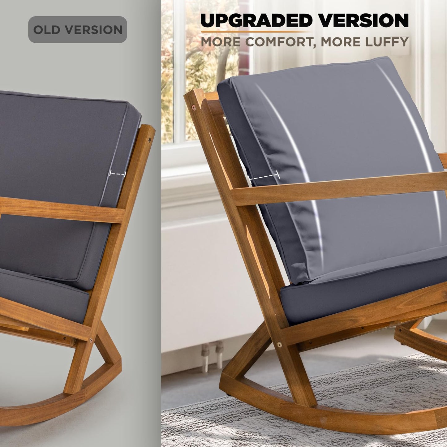 IDZO Heavy Duty Club Rocking Chairs 500lbs Capacity with Inclined Backrest, Thick Foam Cushion, Solid Acacia Wood Rocker for Patio, Backyard, Balcony, Porch, Grey