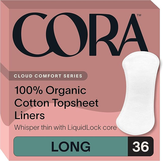 Cora Period Long Liners | 100% Organic Cotton Topsheet | Ultra Thin, Quick Absorbency | Hypoallergenic | Dermatologically Tested | Unscented, No Wings (36 Long Liners)