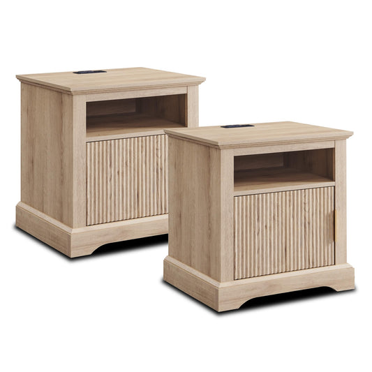 Aitjunz Fluted Nightstand Set of 2, 22" Large Modern Side Table with Charging Station, Wood End Table w/Open Shelf, Bedside Table with Storage Space for Bedroom, Living Room (Natural)