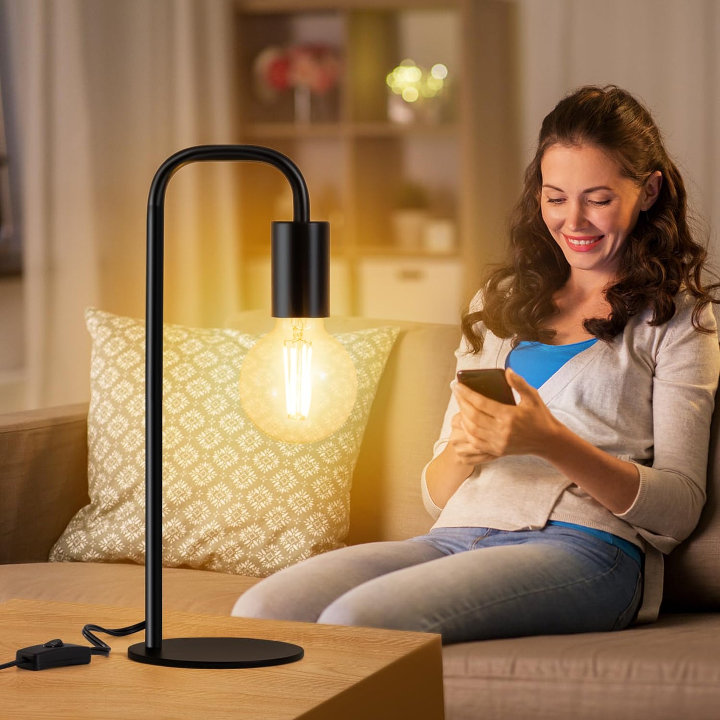 Iporovon Industrial Table Lamp for Bedroom, Bed Side Table Lamps for Nightstand with Wire Switch, E26 Socket Base, Modern Nightstand Lamp for Living Room, Reading, Office, Bulb Not Included