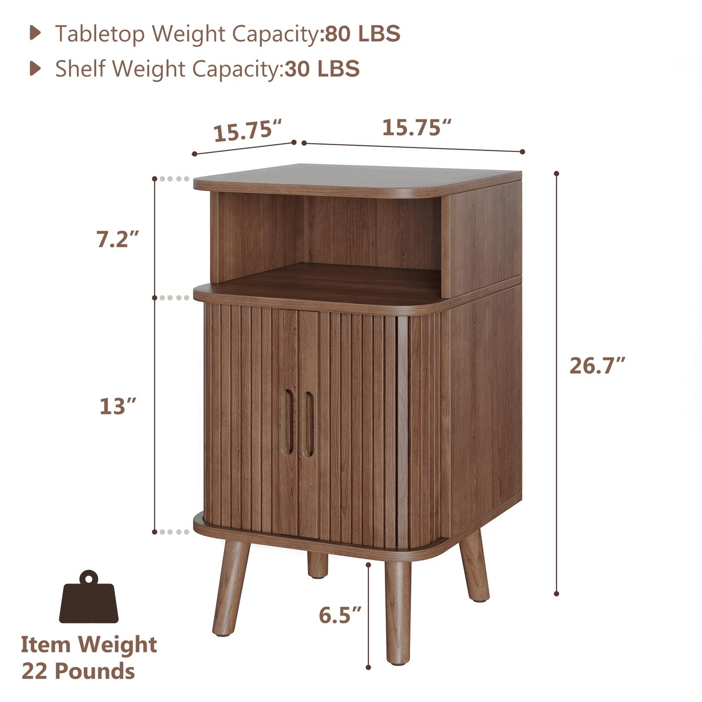 Alohappy Fluted End Table Set of 2, Mid Century Modern Nightstand with Sliding Tambour Door, Curved Round Edge Wood Bedside Table for Bedroom, Side Tables with Storage for Living Room, Walnut