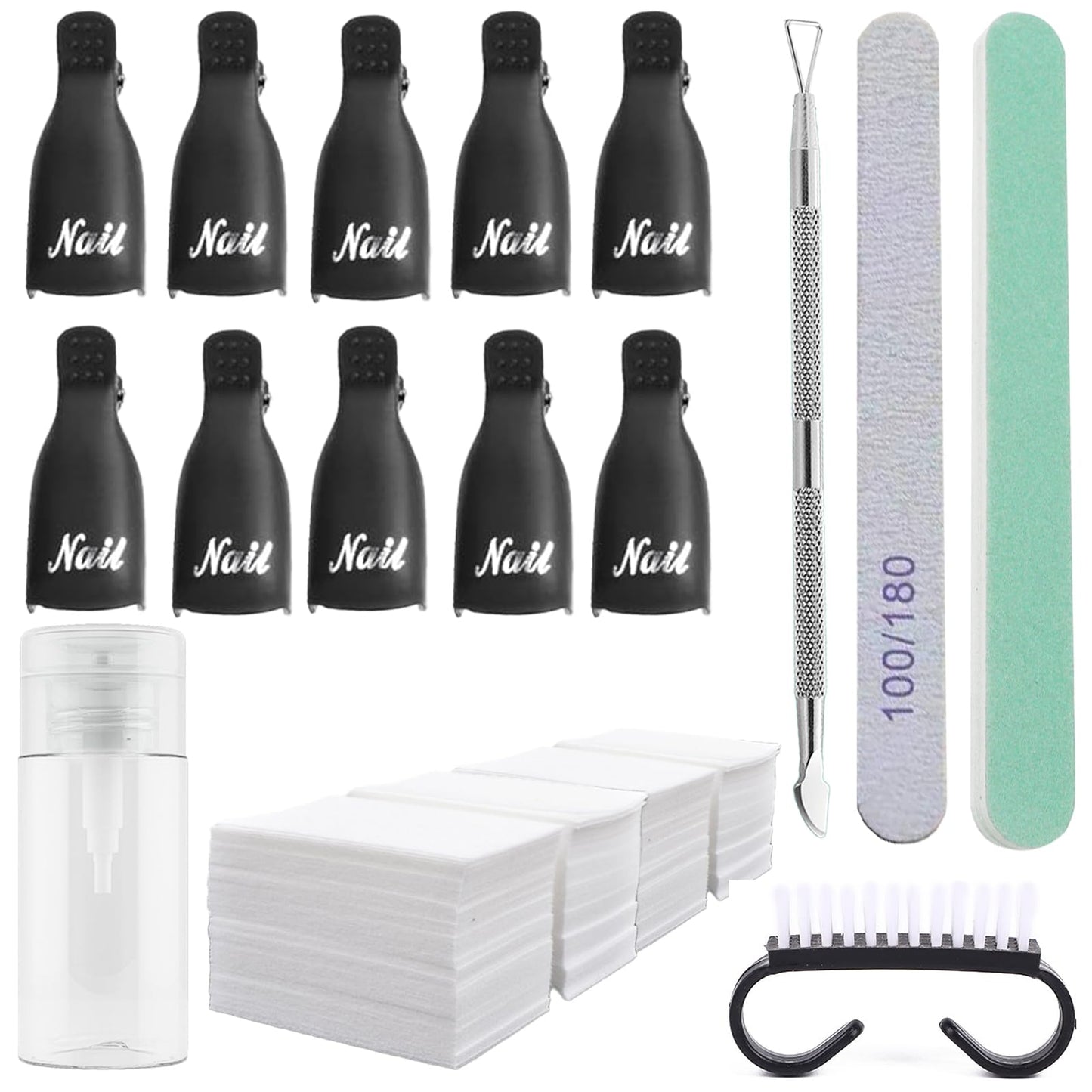 Ponjowl Gel Nail Polish Remover Kit with 10pcs Black Nail Polish Remover Clips Cap, Acetone Nail Dispenser Bottle, Polish Cuticle Pusher, 400 PCS Cotton Pads, Handle Brushes, Nail File, Buffer Block.