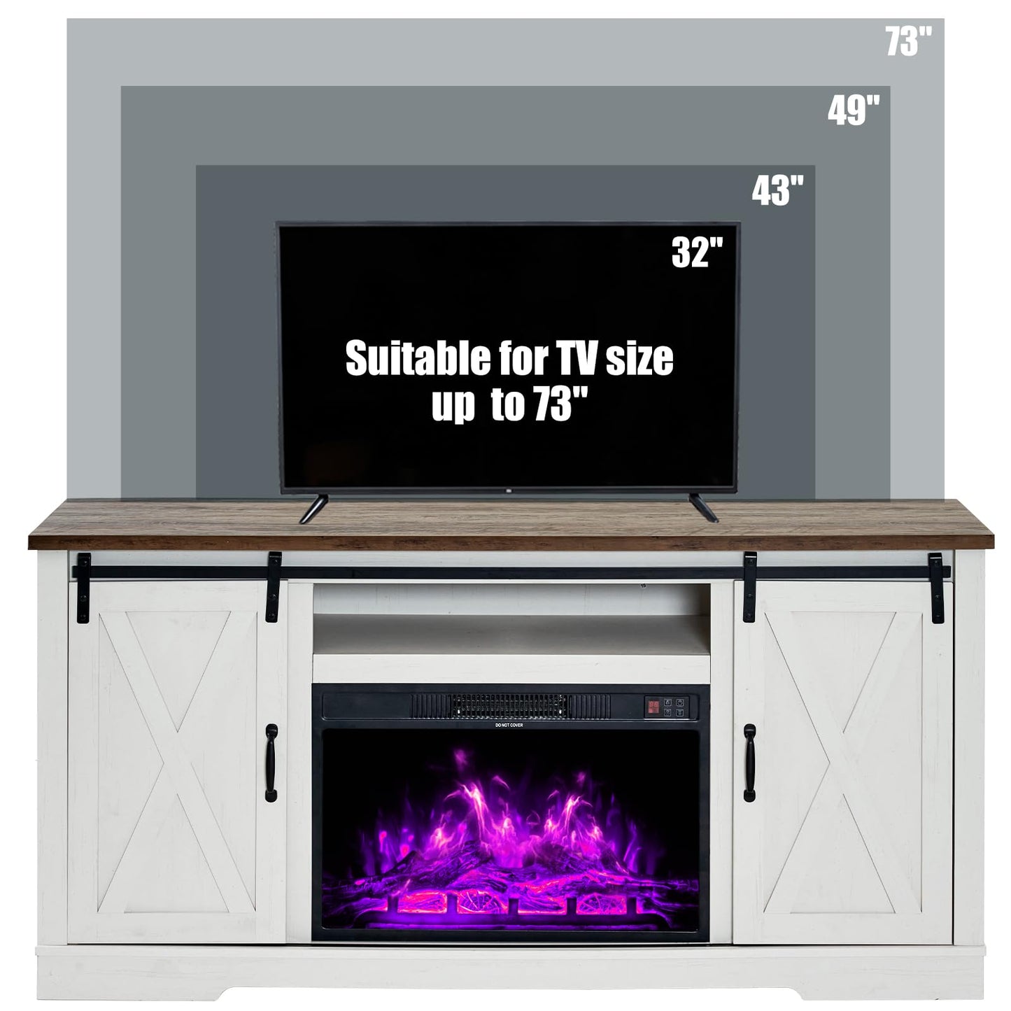 AMERLIFE 5-Piece Farmhouse Table Set Includes Fireplace TV Stand, Coffee Table& Two End Tables with Charging Station and USB Ports, for Living Room, Distressed White, 63"