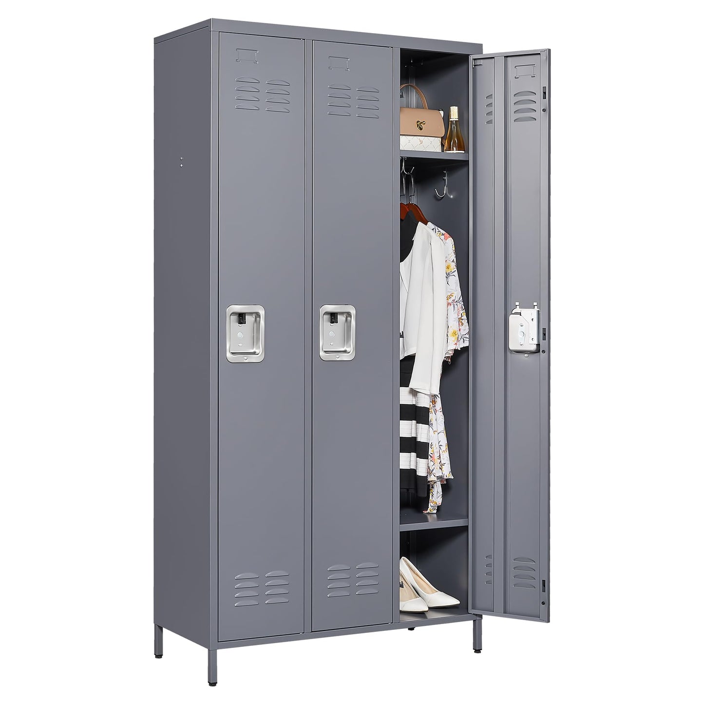 IKIMI Metal Locker 3 Doors Storage Lockers for Employee,72" Tall Locker with Shelves and Hooks Steel Sports Locker for Office School Office Gym Home Garage