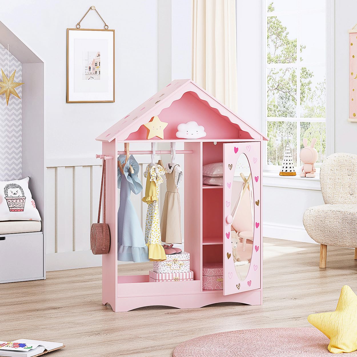 UTEX Kids Dress Up Storage with Mirror, Kids Wardrobe Closet, Dress Up Armoire for Little Girls, Open Hanging Costume Organizer with Storage Cabinet for Kids Room, Playroom