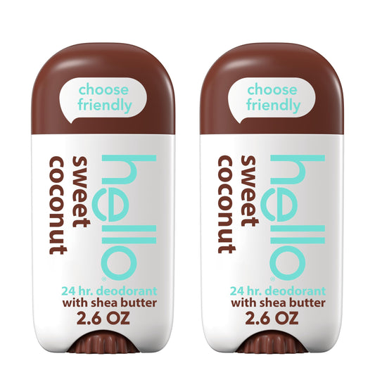 hello Sweet Coconut Deodorant With Shea Butter for Women + Men, Aluminum Free, Baking Soda Free, Parabens Free, 24 Hour Odor Protection, 2.6 Ounce, 2 Pack