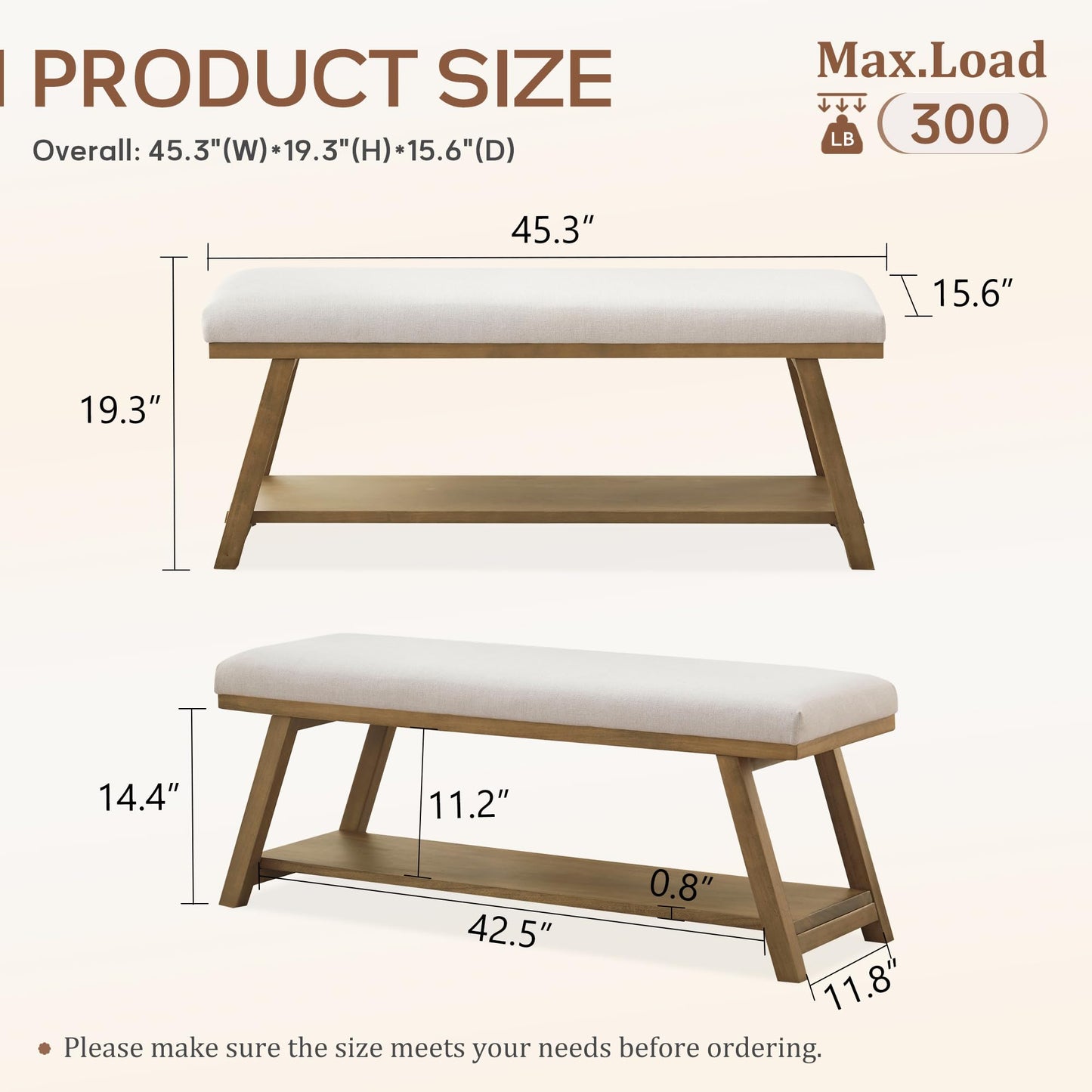 Zihanhome 45" Entryway Bench Upholstered Storage Bench for Bedroom Shoe Rack Bench for Living Room, Hallway, Mudroom, Balcony, Sturdy Indoor Bench Seat Holds Up to 300 lbs (Beige)