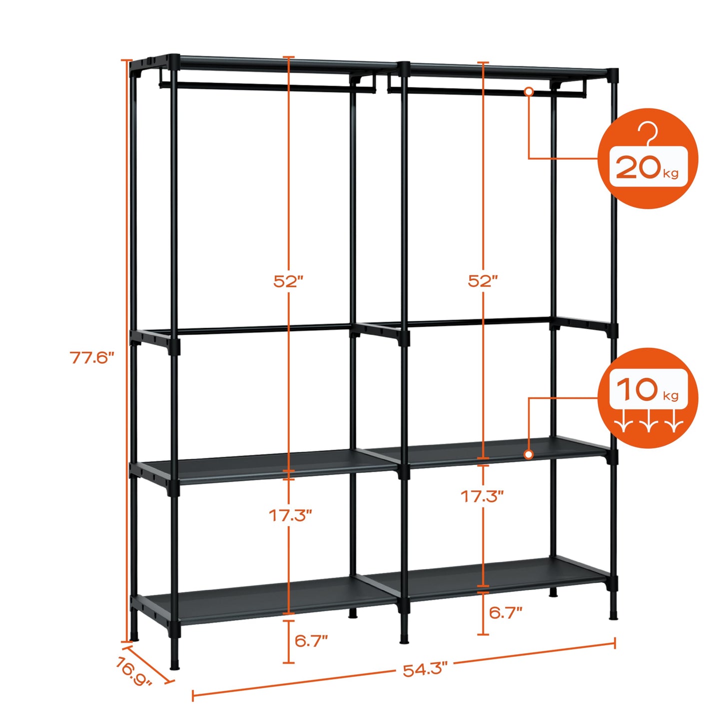 CASAMAYA Clothes Rack, Portable Closet, 54.3 Inch Large Capacity Wardrobe Closet, Clothes Storage Organizer with Shelves and 2 Hanging Rods, Easy to Assembly, Black PCT002B01