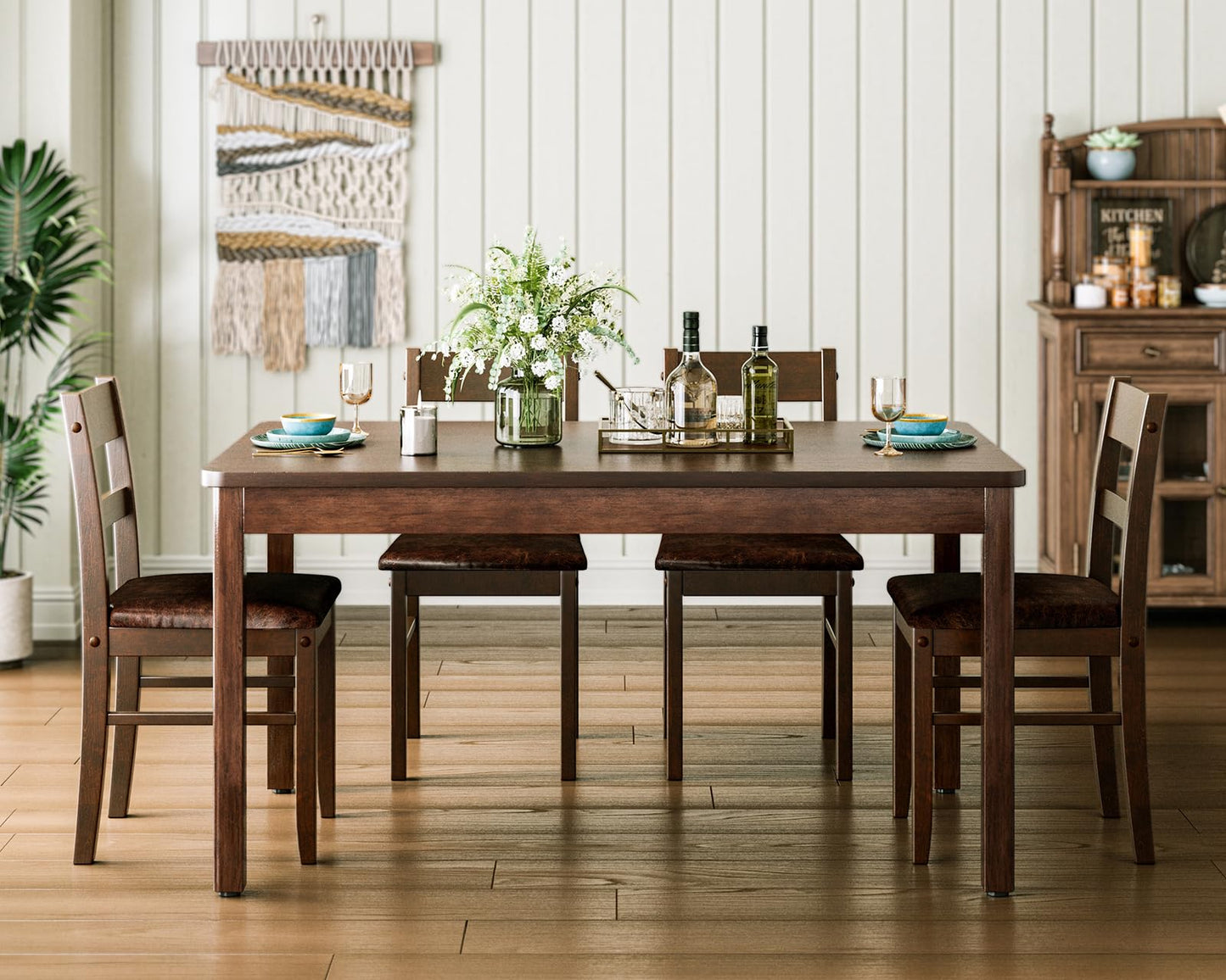 KKL Dining Table Set for 4, 5-Piece Solid Wood Kitchen Table and Upholstered Chairs, Space-Saving Dining Set with Padded Seats, Compact for Apartment, Home, Small Dining Room, Coffee Brown
