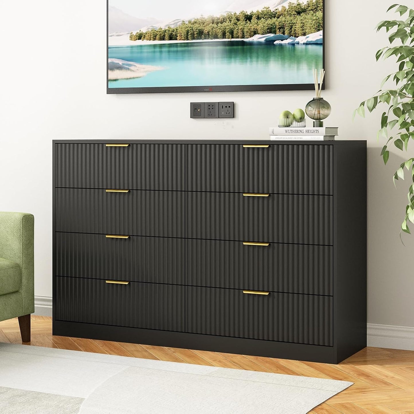 Sscaktu 8 Drawer Dresser for Bedroom, Modern Fluted Double Dresser, 55" Wide Chest of Dressers, Wooden Beside Table for Closet, Living Room and Entryway, Black