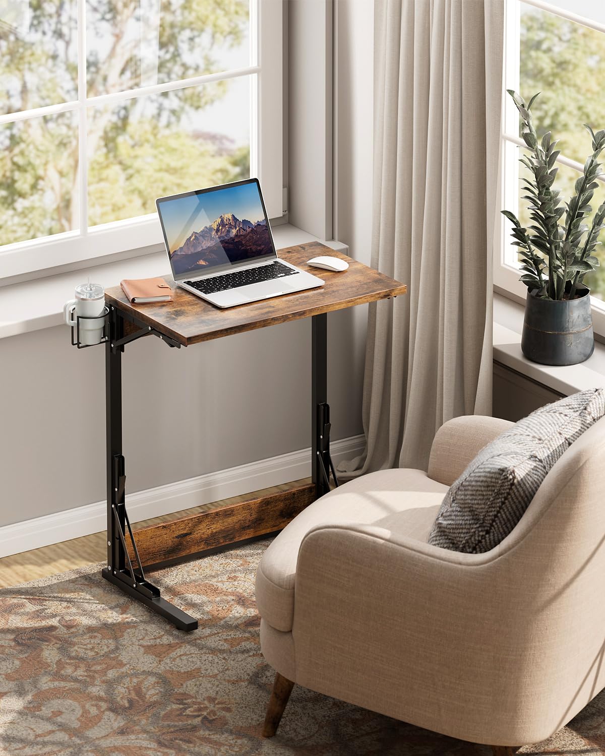 Tatub 24" Folding TV Tray Table, Foldable C Shaped End Table for Couch, TV Dinner Tray with Cup Holder, Small Sofa-Side Laptop Desk for Living Room Bedroom, Classic Brown