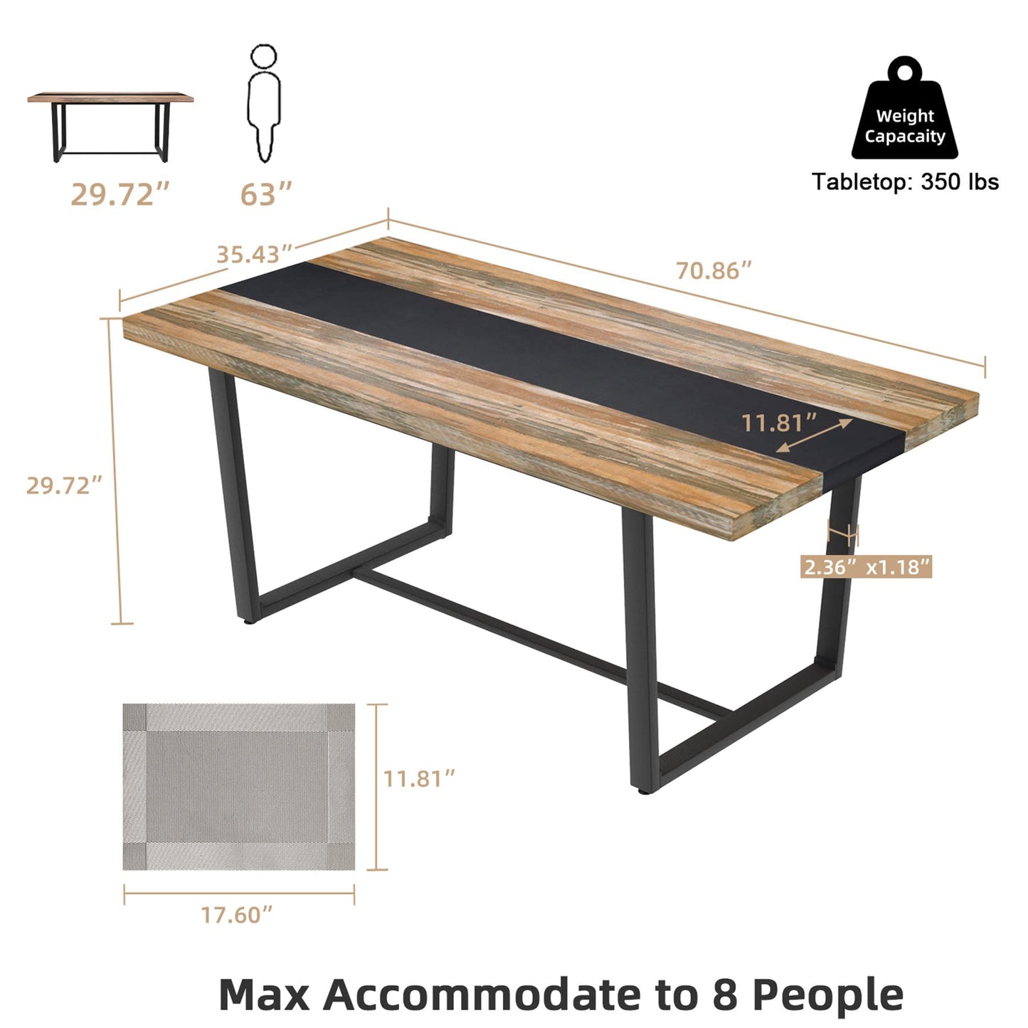STHOUYN 71" 6ft Large Dinner Table for 6 8 Seat Dining Room Table, Rectangular Farmhouse Modern Kitchen Long Black & Brown Industrial Conference (Brown)