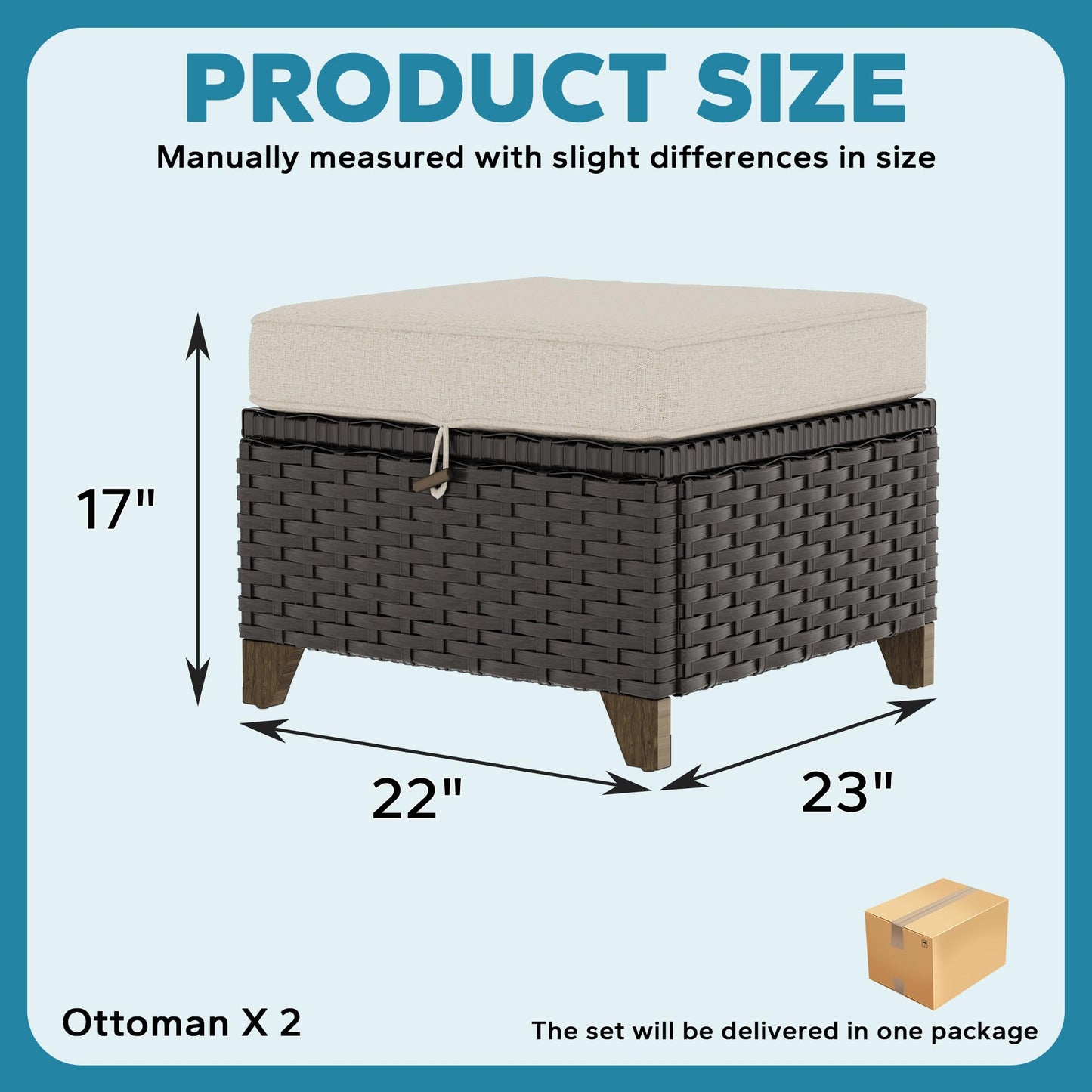 MeetLeisure 2 Pieces Patio Outdoor Ottomans with Removable and Washable Covers，PE Rattan Wicker Footstools for Porch, Garden, Sunroom (Beige)
