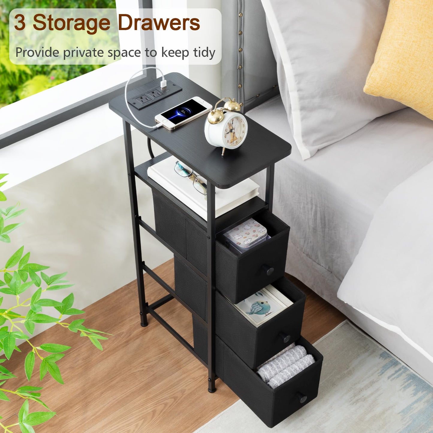 LOAKEKEL Narrow End Tables Living Room Set of 2 with Charging Station, Skinny Side Table with Fabric Drawers, Slim Nightstand for Bedroom, Small Spaces, Couch, Black, HETNDP03BK