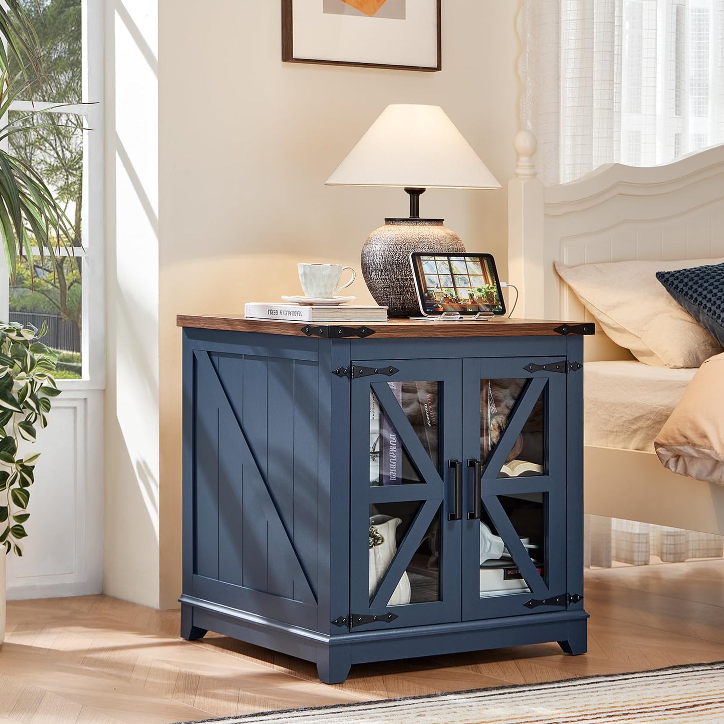 Joaxswe Farmhouse End Table with Charging Station, 24" Large Sofa Side Table with Glass Barn Door, Blue Nightstand with Adjustable Storage Shelf,Wood Square Bedside Table for Living Room,Bedroom