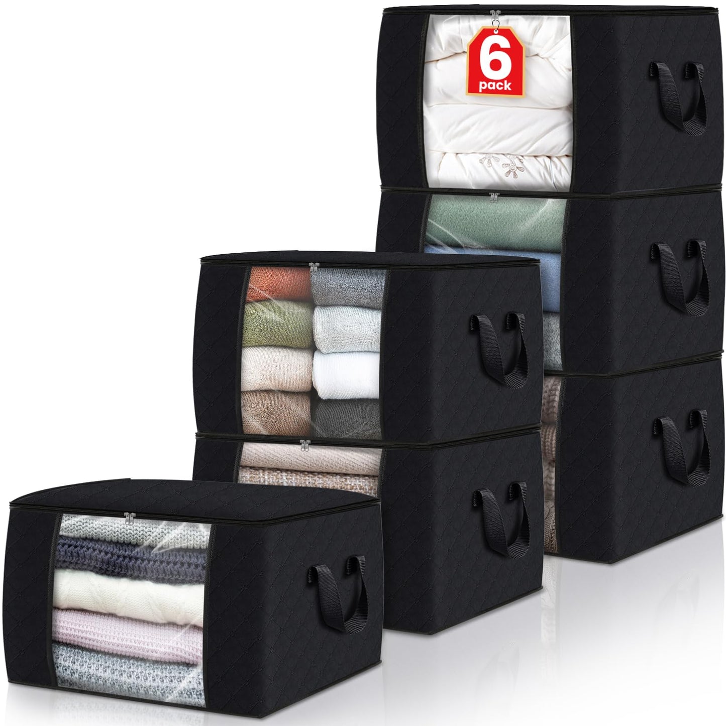 Fab totes 6 Pack Clothes Storage, Foldable Thick Fabric Blanket Storage Bags, Containers for Organizing Bedroom, Closet, Clothing, Comforter,Closet Organization with Handle,Black