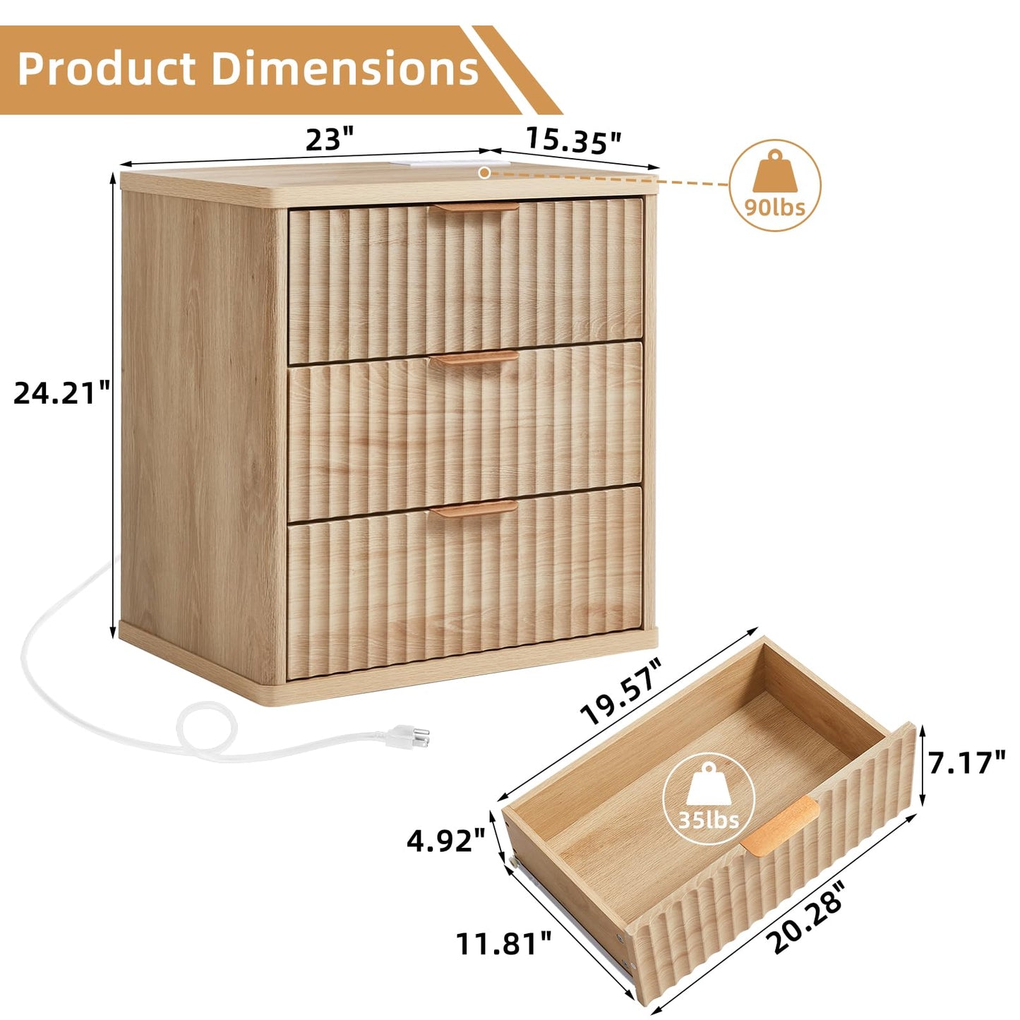 LEYAOYAO 23" Wide Fluted Farmhouse Night Stand Set of 2 with Charging Station, 3 Drawers Large End Table w/Metal Handle, Natural Nightstand Bedside Table,Wood Dresser for Bedroom, Closet