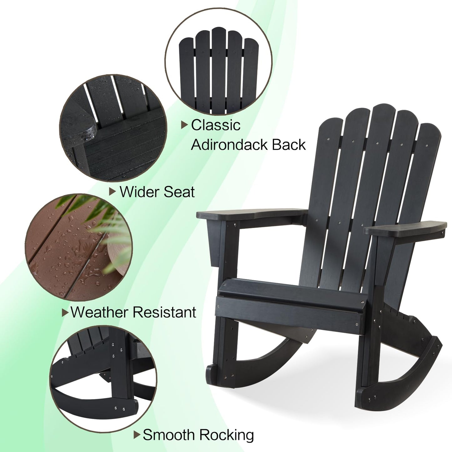 Psilvam Outdoor Adirondack Rocking Chair, Poly Lumber Porch Rocker with High Back, Patio Rocking Chair for Both Outdoor and Indoor (Black)